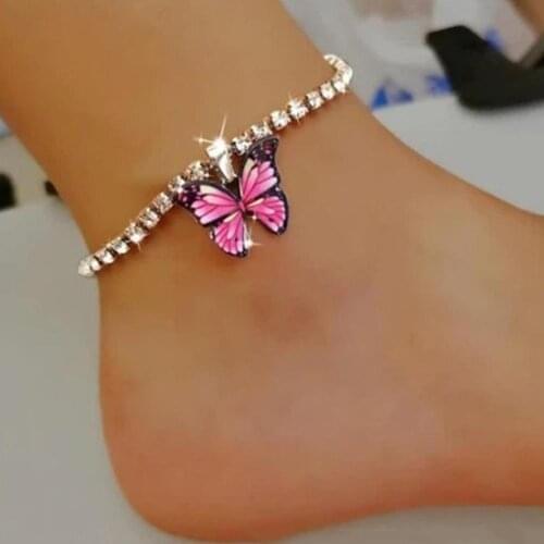 Colorful Butterfly Anklets Beach Accessories Rhinestone Decor Leg Chain Shining Anklet Chain Foot Anklet for Women Jewelry