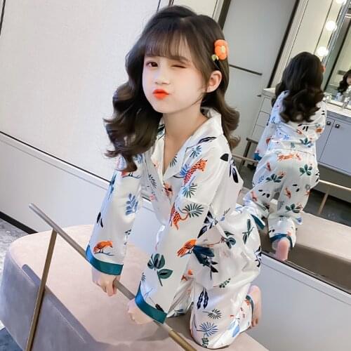 Girls' Long Sleeve Pajamas Ice Silk Fabric Short Sleeve Childrens Home Wear Middle School Childrens Little Girl Suit In Summer