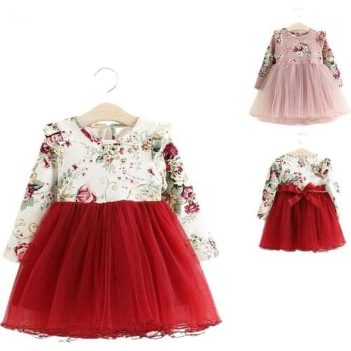Girls Dress Floral Christmas Dress Girl Long Sleeve Fluffy Tutu Princess Dress Children Clothing E504779