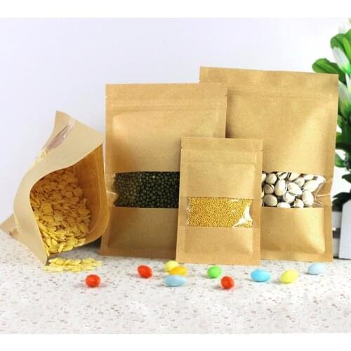 8pcs/pack Heat Seal Stand Up Valve Ziplock Kraft Paper Pack Bags W/ Frosted Window Biscuit Doypack Zipper Storage Pouch