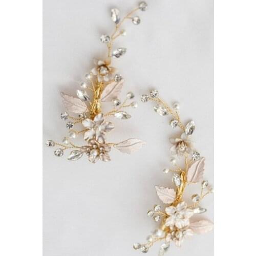 Handmade Gold Flower Hair Clips Bridal Pins Crystal Women Headpiece Leaf Hair Accessories Wedding Prom Jewelry