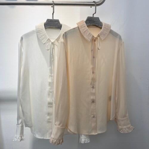 Ladies 2021 fashion new long-sleeved sexy retro solid color hollow embroidered lace collar shirt 0113