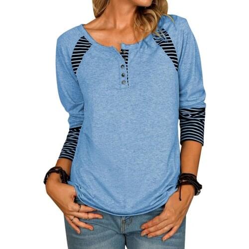 Striped Print Casual Stitching Women T-shirt Long Sleeve Autumn Winter O Neck Buttons Pullover Top Streetwear for Daily Wear