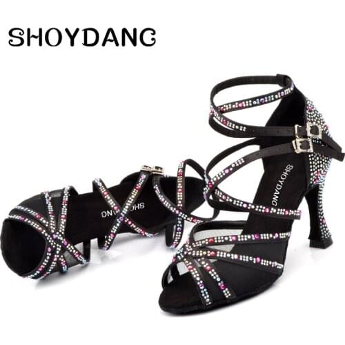 SHOYDANC New Latin Dance Shoes Womans Rhinestone Salsa Dance Shoes Lady Dance Sandals Ballroom Party Dance Shoes Black Red