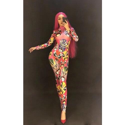 Women Sexy 3D Printing Chinese Face Jumpsuit Leggings Outfit Party Costumes Stage BodySuit Rhinestones Skinny Stretch Rompers