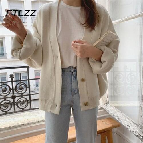 2021 New Autumn Winter Cardigans Women Causal V Neck Button Up Short Knit Cardigan Woman Oversized Loose Lazy Oaf Sweaters