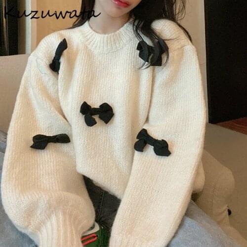 Bow New 2021 Patchwork Loose Knit Women Sweaters O Neck Autumn Winter Warm Coat Sweet Fresh Cute Pullovers 1H853