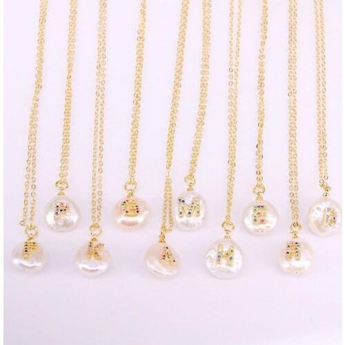 10PCS, Nature fresh water pearl with letter pendant charms necklace with chain