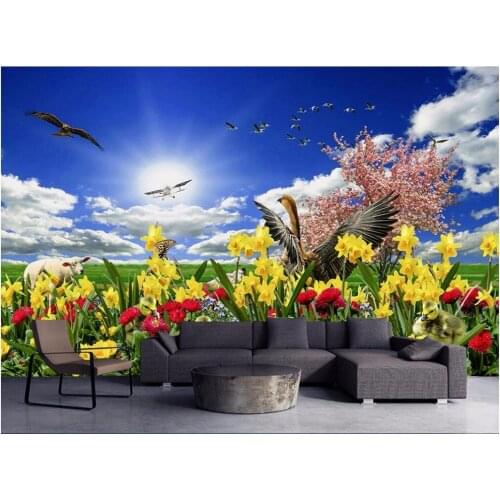 3d wallpaper custom photo Blue sky grassland flowers and birds painting room wallpaper for walls 3d wall murals wallpaper