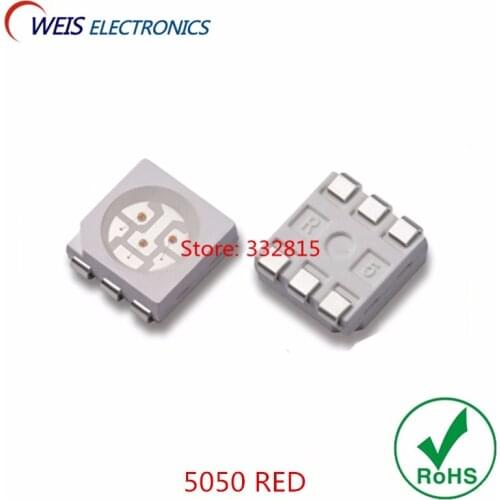 500PCS 5050 RED LED SMD 5.0*5.0MM 620-625nm 600-800mcd 2.0-2.2v 120 angle super bright light beads RoHs Free shipping