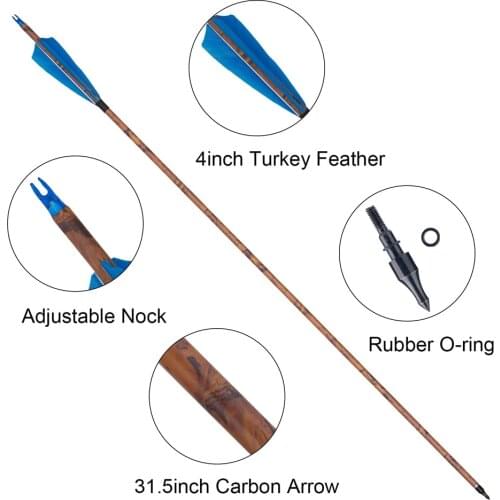 6/12/24pcs Archery Carbon Arrows 4" Real Turkey Natural Feather Spine 400 31 Inch ID 6.2mm for Hunting Outdoor Shooting Bow