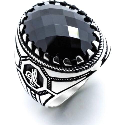 925 sterling Silver Black Zircon Stone Ottoman Tuğra Detailed Ring