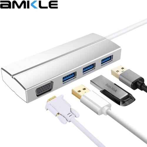 Amkle USB VGA Adapter USB C 3.1 to VGA 3 USB 3.0 Hub Type C Hub Video Converter for newest Type C device of Mac lenovo huawei