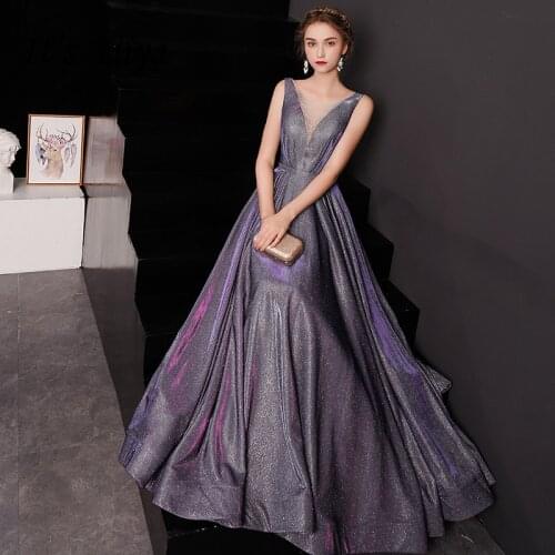 Evening Dress Shining Gradient Color Purple Formal Dresses Little Crystal V-neck Tank Lace Up Long Party Gown E034