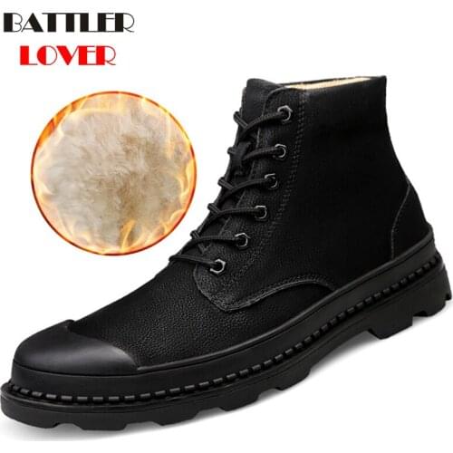 Dropshipping Winter Men Genuine Leather Snow Boots Man Autumn Martin Shoes Work Ankle Boot Warm Fur Flock Boots Botas Hombre