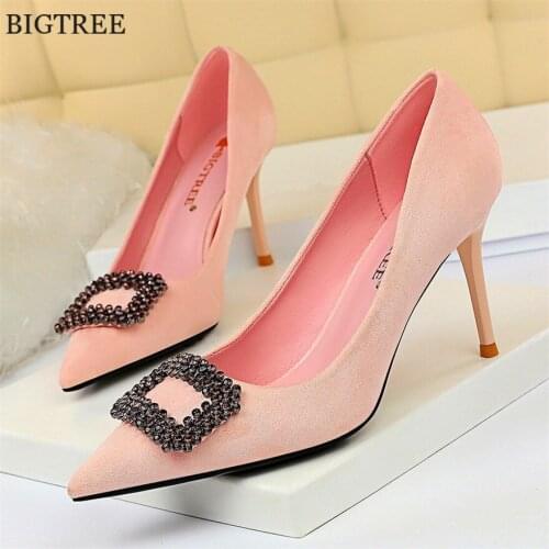 BIGTREE Elegant Bride Wedding Shoes Crystal Buckle Pointed Toe Womens Pumps Solid Flock Fashion High Heels Ladies Office Shoes