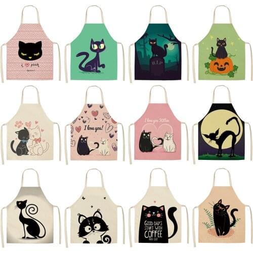 Cute Cat Cotton And Linen Apron Kitchen Apron For Woman Men Household Kitchen Cooking Apron Apron For Kitchen Baking Accessories