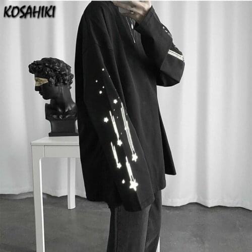 KOSAHIKI 2021 Women Man Oversized T Shirt Harajuku Holographic Star Loose Casual Tops Streetwear Fake Two Piece Tshirt 11a112