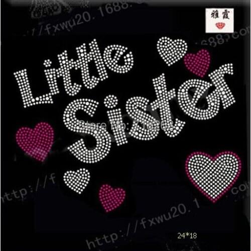 China factory supplys little sister words with many hearts image hotfix rhinestones motif heat trasnfer for cloth