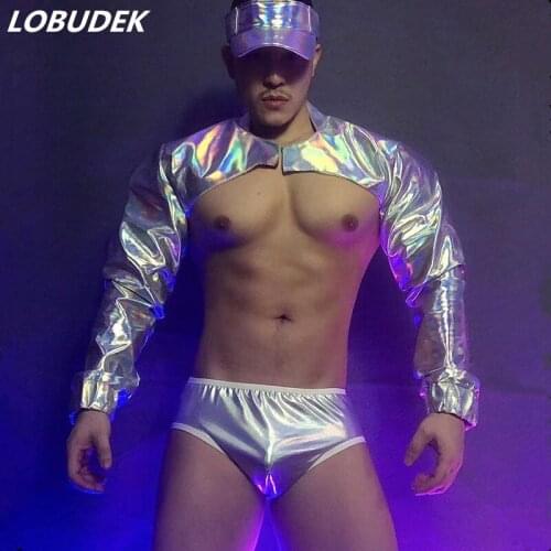 Bar Nightclub Party Show Sexy Stage Wear Men Women DJ Pole Dance Gogo Costume Silver Laser Patent leather Tops Shorts Set