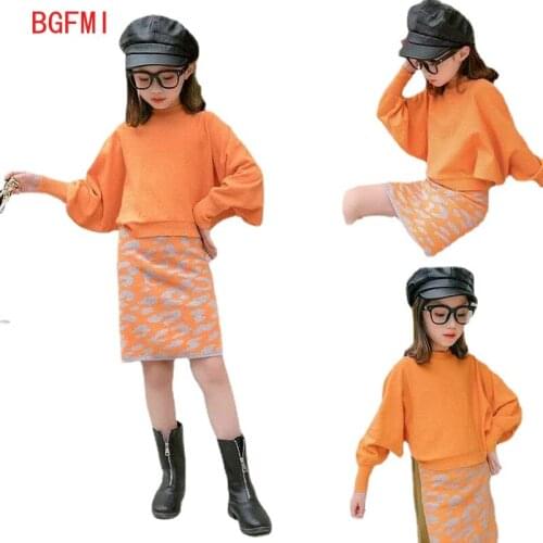 3-15 Yrs Big Girl Spring Autumn 2pcs Suit 2021 Children Baby Kids Teenager Bat Sleeve Knitted Sweater + Hip Skirt Two-piece Set
