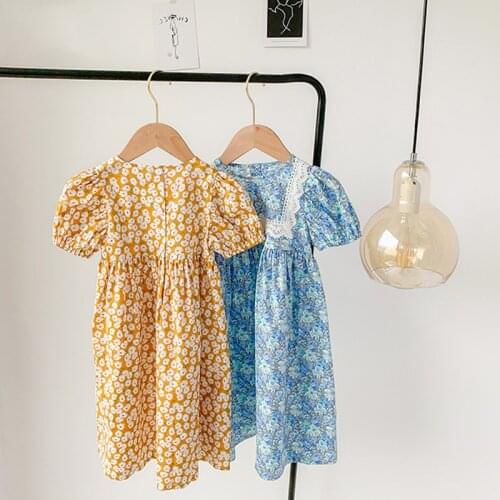 Girls Retro Lace Puff Sleeve Dress 2020 Summer New Baby Toddler Floral Lace Princess Dress