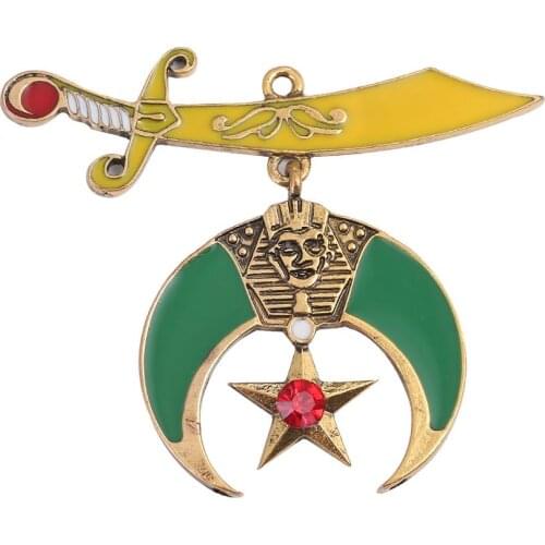 Metal Green Yellow Enamel Red Stone Half Moon Star Shriners Masonic Freemason Pendants Charm For Jewelry Making