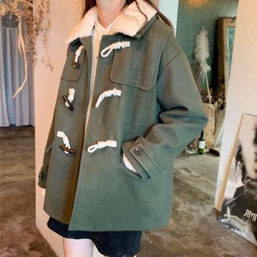 Japanese Army Green Woolen Coat Horn Buckle Coat Kawaii Female Short Student Tooling Style Retro Coat Korean Coat Women Coat