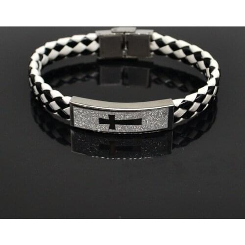 Cross Stainless Steel Clasps Bracelets Leather Weave Wristbands Christian Catholic Fashion Religious Jewelry