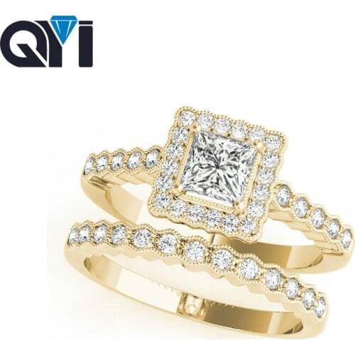 QYI Solid 14K Yellow Gold Square Halo Engagement Ring Sets 0.5ct Princess Cut Simulated Diamond Jewelry For Women Wedding Bands