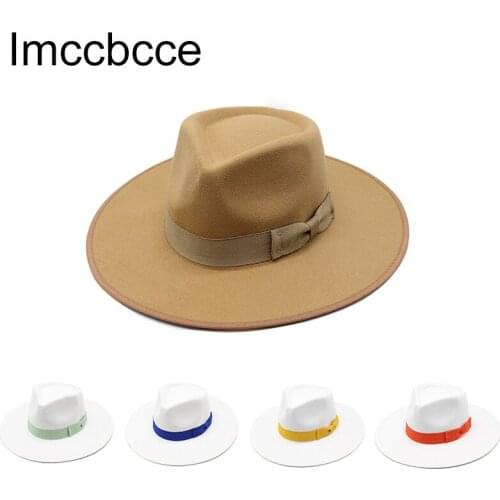 New Retro Style Fedora Hats Big Warm Wide Brim Imitation Woolen Felt Women Men Hat Bow Flat Top Jazz Caps Round Caps Bowler Hats