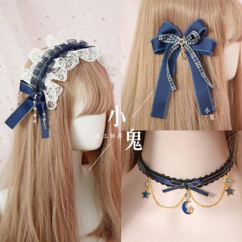 Dark Blue Lolita Barrettes Navy Style Side Clip Headband Barrettes Lolita KC Hair Bands Star