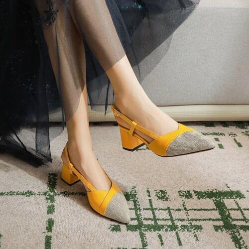 2020 Spring Shoes Woman Thick High Heels Slingbacks Female Pointed Toe Solid Female Shoes Office Lady Elegant Sandals size 32-43