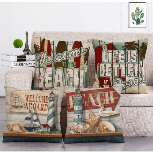 Vintage Boats Tower throw pillows case Decorative Cotton linen Retro Beach coastal Cushion Cover For Sofa Home 45x45cm T173