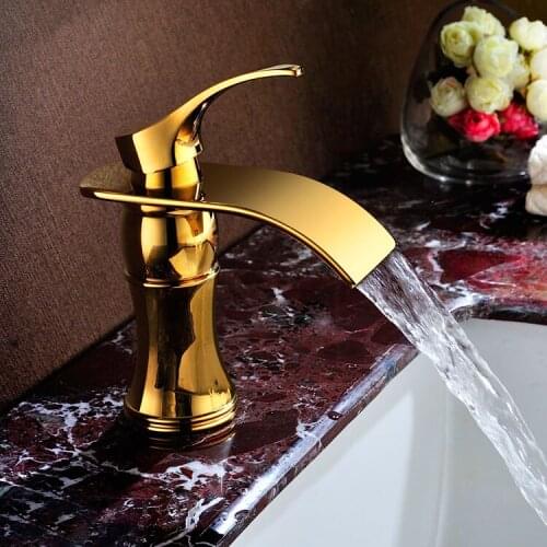 High quality brass Luxury gold finished bathroom sink waterfall faucet golden basin Hot and cold water mixer tap faucet--MD5521