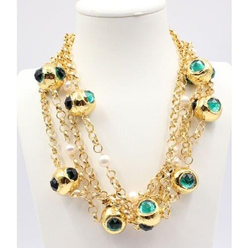 GG Jewelry 4 Strands Natural White Pearl Green Crystal Gold Color Plated Beads Chain Necklace Handmade For Women