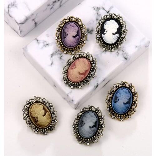 Vintage Queens Cameo Beauty Head Crystal Brooch Pins for Women in Antique Gold Silver Color Assorted Style Rhinestone Brooch