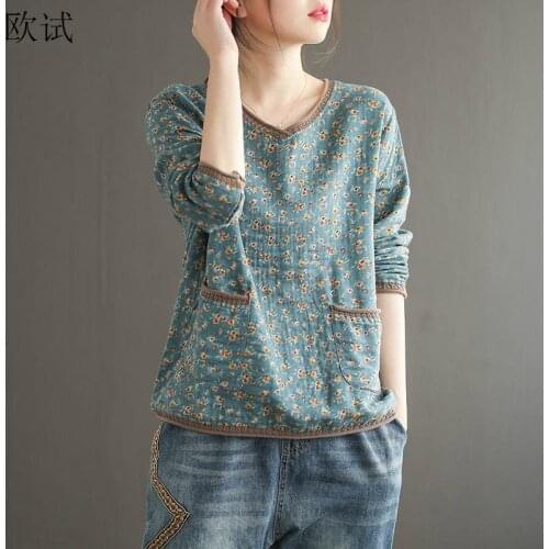 Oversized Vintage T Shirt Women Cotton Linen T-Shirt Long Sleeve Floral Loose Tee Shirt Woman Autumn Tshirt Ladies Tops Casual