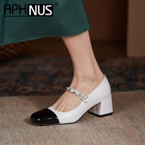 APHNUS Womens Shoes Mixed Colors Woman 2021 Shoes For Women Mary Janes New Mid High Heels Pumps Chains