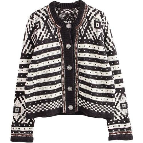 Women Sweater Spring Autumn Long Sleeve Loose Short Cardigan Knitted Sweater Black Red Vintage Print Knitted Jacket jumper