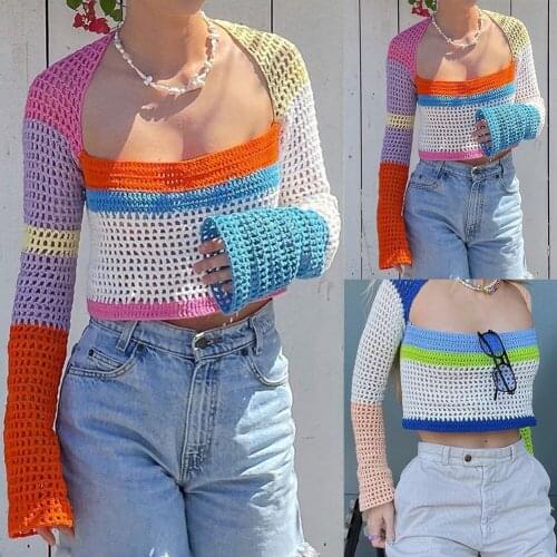 Knitted Long Sleeve Crop Top Women Beach Y2k Autumn Summer Patchwork Vintage Green Casual T Shirts Sexy Fashion Sweatshirts