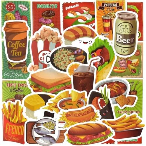 10/30/50pcs Cute Food Drink Graffiti Stickers DIY Skateboard Phone Fridge Guitar Laptop Luggage Car Cartoon Toy Kids Stickers