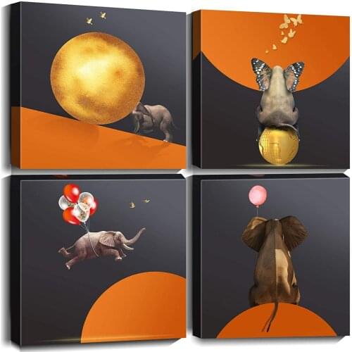 4 Pieces Elephant Colorful Ballon Abstract Animal Posters Canvas Wall Art Picture Home Decor Paintings for Bedroom Decorations