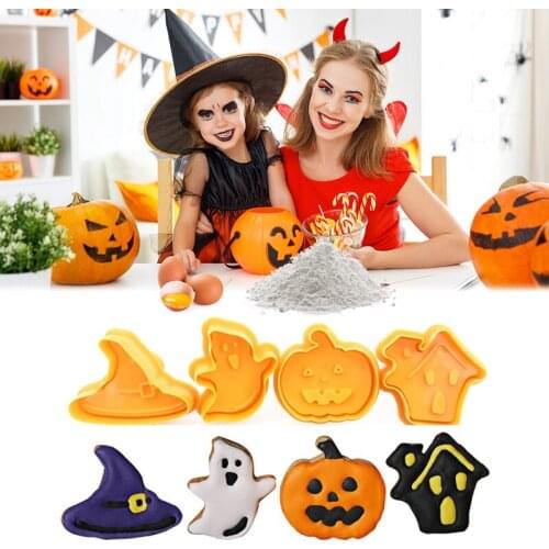 4Pcs Halloween Theme Cookie Cutters 4pcs Ghost House Witch Hat Pumpkin Food Grade Plastic Chocolate Mold Cake Decorating Tools
