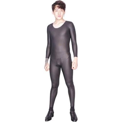 Elastics PU Leather Long Sleeve Bodysuit Men Hot Shapers Bodycon Jumpsuit Zipper Open Back Crotch Bodybuilding Fitness Clothing