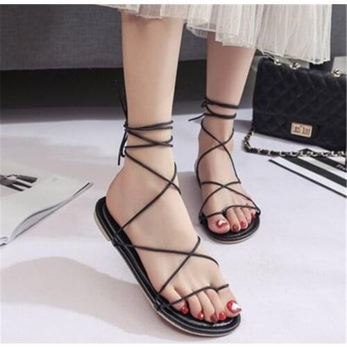 Web celebrity sandals with lace, new summer ultra fire fairy sandals for womens ins 2020, with thin black Roman strap flats