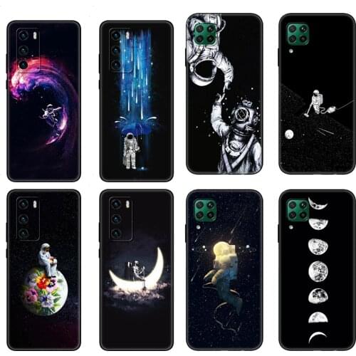 Black tpu Case For Huawei P30 Lite P30 Pro P40 Case For Huawei P40 LITE E P Smart 2020 Case Cover Space Moon Astronaut Pattern