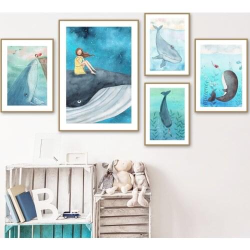 Whale Girl Ocean World Abstract Baby Nursery Wall Art Canvas Painting Nordic Posters And Prints Wall Pictures Kids Room Decor