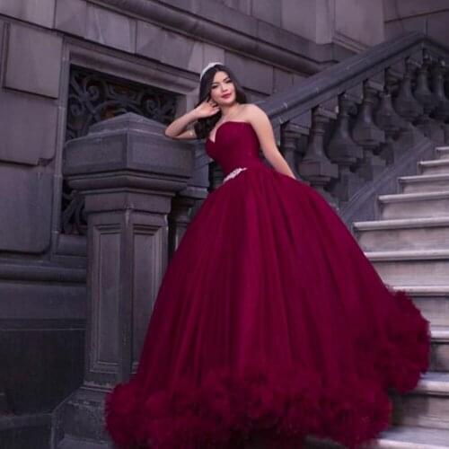 2021 Ball Gown Burgundy Evening Dresses Long Sweetheart Corset Back Sleeveless Formal Evening Party Gowns Robe De Soiree