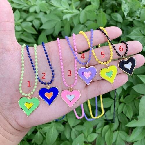 Double Heart Shape Enamel Mixed Colors Pendant Beads Chain Necklace Anniversary Gifts For Couples